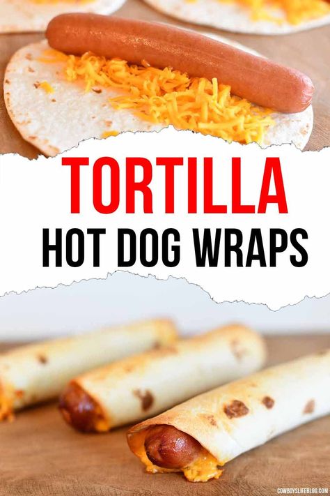 Tortilla Wrapped Hot Dogs Air Fryer, Hotdogs Wrapped In Tortillas, Hot Dog Wraps Tortillas, Dinners With Hotdogs, Hot Dog Wrap, Hot Dog Snacks, Hot Dog Ideas Dinners, Hot Dog Tortilla, Recipes Using Hot Dogs