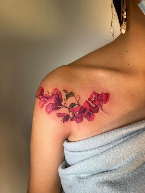 Bougainvillea Tattoo Black, Bougainvillea Tattoo Design, Color Realism Flower Tattoo, Bougainvillea Tattoo, Sister Tats, Sister Tat, Mastectomy Tattoo, Back Tats, Tattoos Inspo