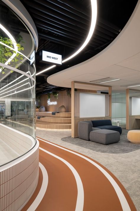 Compass Group Offices - Perth | Office Snapshots Office Reception Area Design, Office Design Inspo, Google Office, Group Office, Tiered Seating, Sports Office, Modular Lounge, Office Lobby, Office Photo