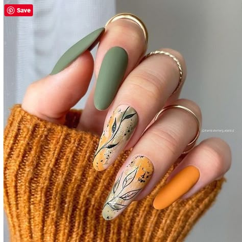 Green Orange Nails, Green And Orange Nails, Orange And Green Nails, Nails Floral, Fall Nail Ideas, New Years Eve Nails, Nails Green, Matte Green, Almond Shape Nails