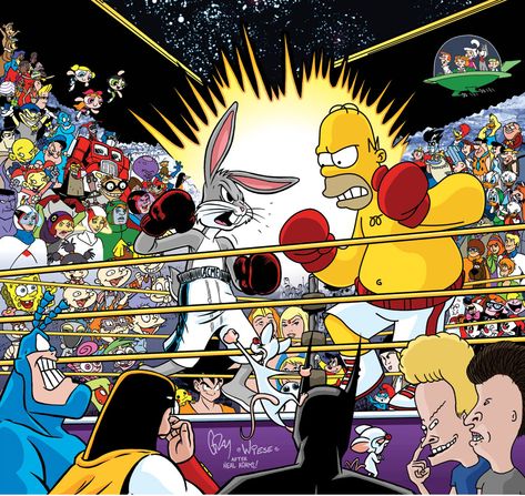 Bugs vs. Homer, for cartoon supremacy - Homage to the Neal Adams Superman vs. Ali cover. Boxing Ring, The Simpsons, Cartoon Characters, Boxing, Bugs, Ring, Bugs And Insects