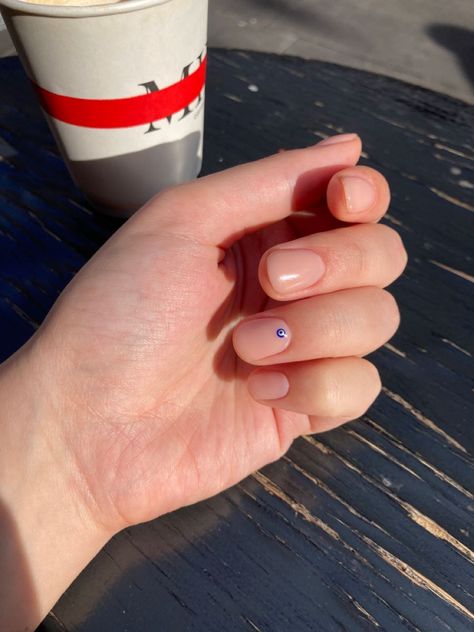 Short nails with evil eye design Biab Nails Short Natural, Short Nail Evil Eye, Evil Eye Short Nail Designs, Evil Eye Nails Simple, Nails With Evil Eye Design, Short Evil Eye Nails, Evil Eye Nails Short, Biab Nails Short, Nails With Evil Eye