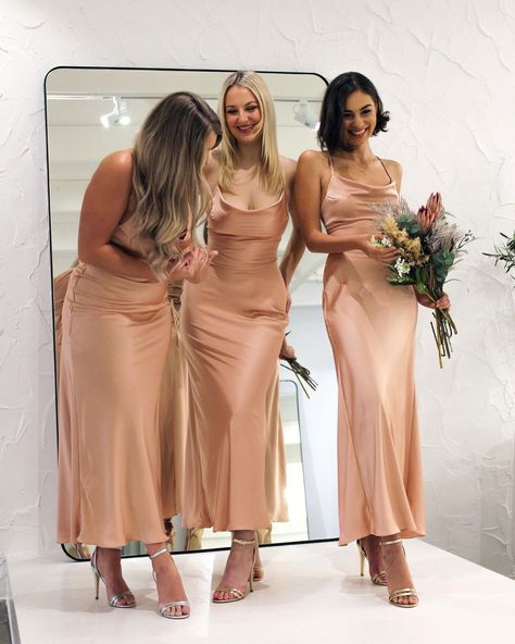 Rose Coloured Bridesmaid Dresses, Bridesmaid Rose Gold Dresses, Cowl Neck Bridesmaid Dress, Bridesmaid Colours, Classy Weddings, Formal Bridesmaid Dresses, Rose Gold Bridesmaid Dress, Simple Spaghetti, Spaghetti Strap Bridesmaids Dresses