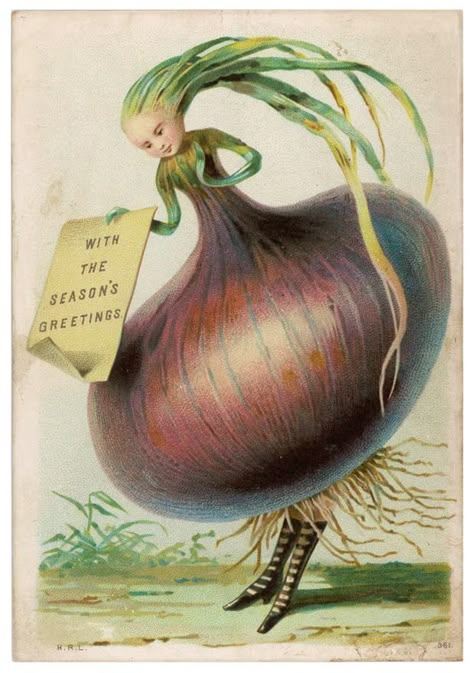 Shock of the old: 11 murderous and macabre Victorian Christmas cards | Christmas | The Guardian Vegetable People, Fruit People, Christmas Vegetables, John Kenn, Victorian Christmas Cards, Flower People, Seed Art, Vintage Seed Packets, Vegetable Art