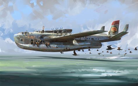 Art Contrarian: Dieselpunk Airplanes Atom Punk, Dieselpunk Vehicles, Navi A Vela, Retro Future, Diesel Punk, Airplane Art, Flying Boat, Spaceship Art, Aircraft Art