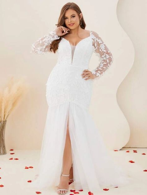 Plus Leaf Applique Split Thigh Ruffle Hem Mesh Wedding Dress | SHEIN USA Shein Wedding Dress, Shein Wedding, November Wedding Dresses, Wedding Dresses For Curvy Women, Vow Renewal Dress, Train Garden, Mesh Wedding Dress, Wedding Dress Backless, Leaf Applique