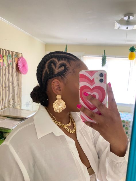 6 Feed In Braids With Heart On The Side, 6 Cornrows With Heart, Corn Rolls With Heart, Heart On The Side Braids, Heart Straight Back Braids, Braided Bun With Heart, Braids With Heart On The Side, How To Do Heart Braids, Valentine’s Day Braids