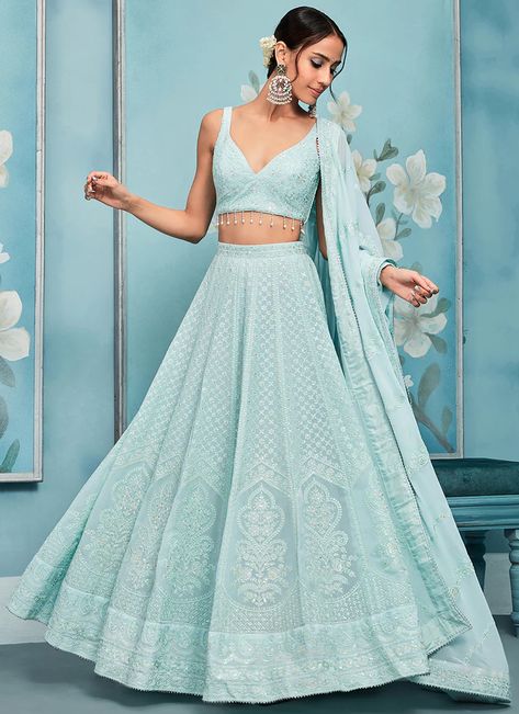 Simple Pretty Lehengas, Sky Blue Traditional Dress, Pale Blue Lehenga, Lehenga Simple Elegant Classy, Sky Blue Lehenga Party Wear, Sky Blue Indian Outfits, Light Blue Lehenga Bridal, Girly Lehengas, Lehenga Designs Blue