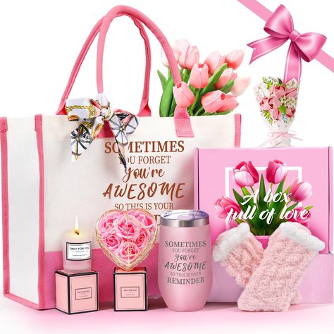 PRICES MAY VARY. 【Women Birthday Gift Box Full of Love】: This well-designed warm women birthday gift baskets including the most adorable and unique gifts basket, It contains 1 x women tote bag written with“YOU ARE AWESOME", 1 x 16oz insulated tumbler with lid, 1 x scented candle, 1 x floral-scented rose soap, 1 x soft socks, 1 x Handbag Scarfs, 1 x gift card. 【Lovely Gift Baskets for Women】: This well-designed women gift baskets including the most adorable and unique gifts basket, It contains 1 Bae Basket, Unique Gift Baskets, Women Christmas Gifts, Women Birthday Gifts, Mom Gift Basket, Gift Baskets For Women, Holiday Gift Baskets, Birthday Gift Baskets, Christmas Gifts For Girlfriend