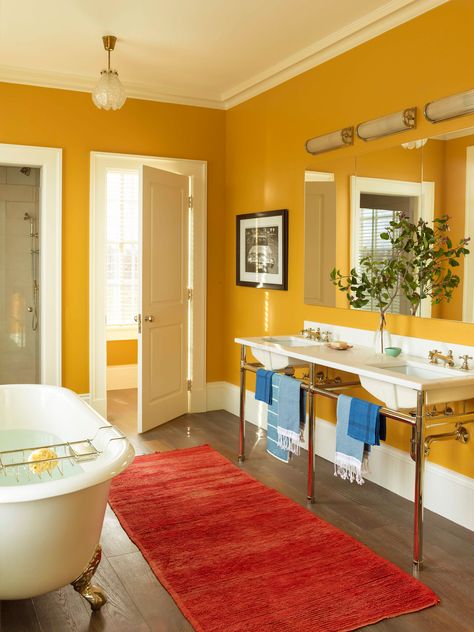 null Makeover Kamar Mandi, Mustard Yellow Walls, Yellow Bathroom Decor, Yellow Dining Room, Mustard Walls, Yellow Bathroom, Yellow Room, 카페 인테리어 디자인, Gold Bedroom