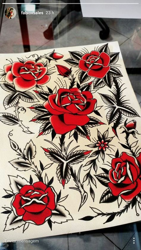 Rose Flash Sheet, Old School Flash Sheet, Roses Reference, Owen Jensen, American Traditional Rose, Tattoo Studio Interior, American Traditional Tattoo Ideas, Traditional Tattoo Flowers, Traditional Tattoo Ideas