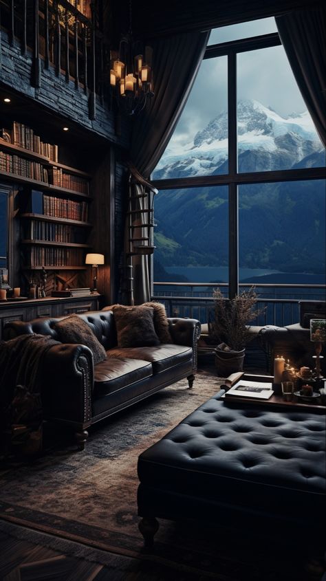 Gothic Architecture Living Room, Gothic Living Room Aesthetic, Cozy Dark Home, Cozy Gothic Living Room, Dark Academia Cabin, Dark Library Room, Dark Academia Aesthetic Living Room, Gothic Cottage Core, Preppy Teen Bedroom