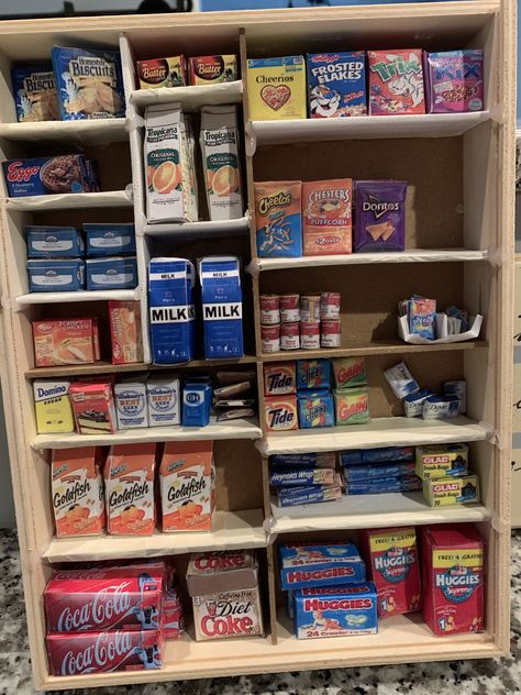 I used some pro tables from other users and built some small shelves. Mini Brand Storage Ideas, Mini Brands Display Ideas, Mini Brands Storage Ideas, Barbie Grocery Store, Mini Brands Display, Diy Display Shelf, Mini Dollhouse, Mini Brands, Diy Display