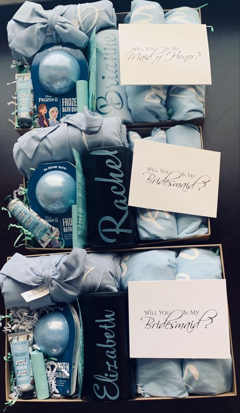 Wedding Gift Ideas For Bridal Party, Blue Bridesmaid Gift Boxes, Dusty Blue Bridesmaid Boxes, Bridesmaid Proposal Navy Blue, Light Blue Bridesmaid Proposal, Bridesmaid Proposal Blue Theme, Blue Crew Wedding Proposal, Blue Bridesmaid Gifts, Blue Bridesmaid Proposal Box Ideas