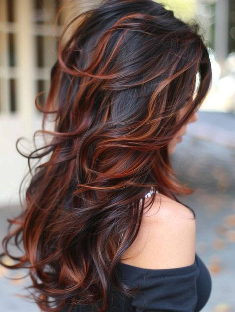 Dark Brown Bayalage With Red, Hair Color Ideas Fall/winter, Dark Hair With Cinnamon Highlights, Dark Copper Ombre Hair, Brunette Hair With Ginger Highlights, Subtle Auburn Balayage, Black And Copper Hair Highlights, Brunette With Burgundy Highlights, Cinnamon Bayalage Brunette