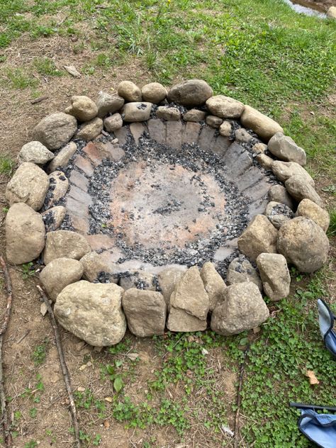 Used old bricks, and rocks from our proprty to make a firepit for family bonfires! #firepit #bonfire #yard #diy Fire Pit Brick, Brick Bonfire Pit, Round Brick Fire Pit, Fire Pit Fairy Garden, Huge Bonfire, Bonfire Pits, Bryndle Root Fire Pit, Brick Fire Pit, Fire Grill