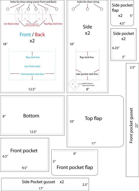 This is the pattern that I used for the leather backpack I made. I made this pattern myself after looking at several different styles of backpacks for inspiration. The finished product can be seen ... Small Backpack Pattern, Leather Backpack Pattern, Diy Backpack Pattern, Backpack Craft, Diy Messenger Bag, Leather Working Patterns, Leather Wallet Pattern, Leather Craft Patterns, Leather Craft Projects