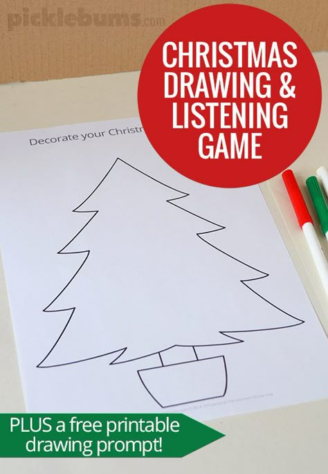 Christmas Drawing and Listening Game - with a free printable Christmas tree drawing prompt Printable Christmas Tree, Listening Games, Christmas In The Classroom, Christmas Tree Drawing, Classroom Christmas, Christmas School, Drawing Prompt, Preschool Christmas, Christmas Classroom