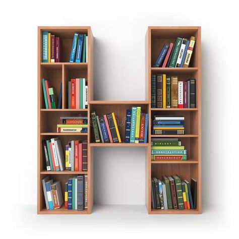 Illustration about Letter H. Alphabet in the form of shelves with books isolated on white. 3d illustration. Illustration of paper, architecture, dictionary - 105539383 Wooden Bookshelf Design, Book Rack Design, Diy Alphabet Letters, Shelves With Books, Lcd Panel Design, H Alphabet, Unique Bookshelves, Books Shelf, Creative Bookshelves