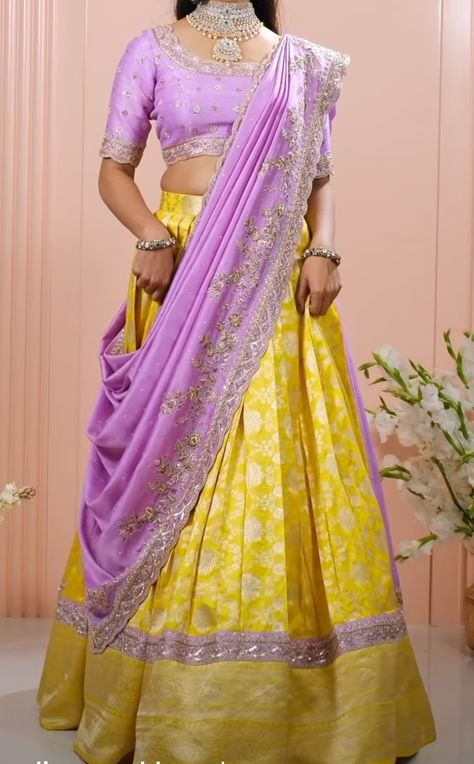 Pattu Lengha, Pattu Lehenga Half Saree, Langa Voni Half Saree, Haldi Ideas, Lavender Lehenga, Saree Function, Dress Designs For Stitching, Pink Blouse Designs, Kids Lehenga Choli