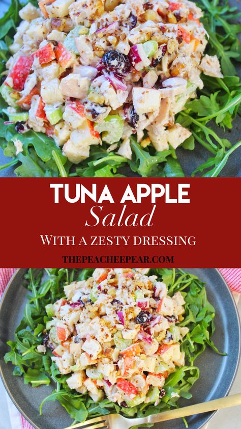 This Easy and Simple Apple Tuna Salad makes for flavorful salad that is so simple to make. Crisp apples, chunky albacore tuna, crunchy celery and onions, nutty walnuts and sweet dried cranberries. All tossed in a creamy and zesty dressing to make one tasty and nutrient-dense salad. via @ThePeacheePear Loaded Tuna Salad, Tuna Apple Salad, Tuna Salad With Grapes, Tuna Salad With Apples, Dense Salad, Best Tuna Salad, Apple Walnut Salad, Make Ahead Salads, Apple Salad Recipes