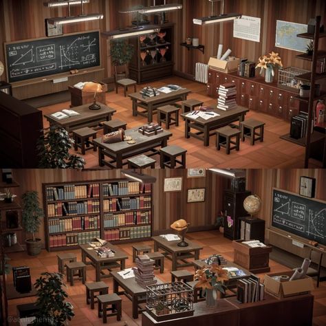 Acnh Paradise Planning School, Paradise Planning School Acnh, Acnh Hhp School Ideas, Animal Crossing School Design, Acnh Villager Home Interior Ideas, Animal Crossing School Ideas Happy Home, School Acnh Happy Home Paradise, Acnh Study Room Ideas, Acnh Happy Home Paradise School