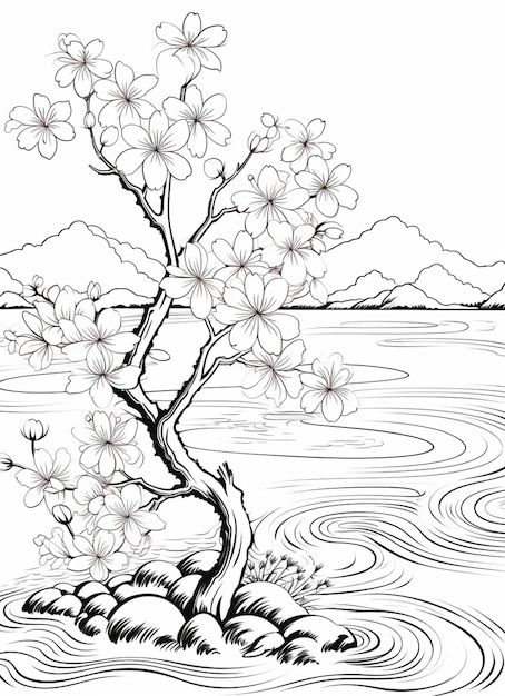 Pictures Of Trees To Paint, Cherry Blossom Landscape Drawing, Trees And Flowers Drawing, Asian Coloring Pages, Flower Tree Drawing, Cherry Blossom Coloring Page, Japanese Coloring Pages, Japan Coloring Pages, Asian Design Pattern