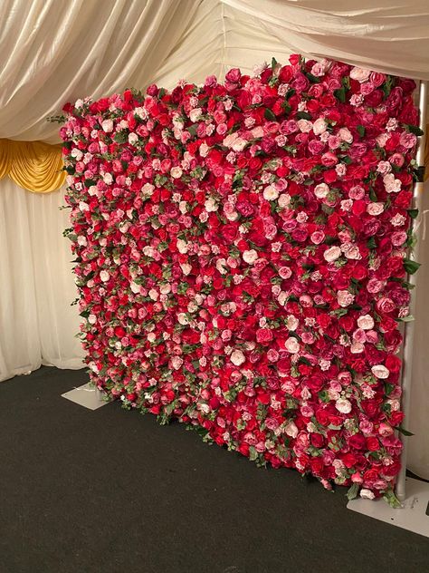 Flower walls available for small events. #flowerwall Flower Wall Backdrop Rose, A3 Size Flower Backdrop, Red And White Flower Wall, Baby Shower Flower Backdrop India, Red Flower Backdrop Floral Wall, Wedding Picture Walls, Indian Wedding Pictures, Garland Wedding Decor, Flower Garland Wedding