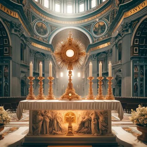 Holy Eucharist, Church Altar Decorations, Church Altar, Eucharistic Adoration, Church Interior Design, Blessed Sacrament, Church Interior, Biblical Art, Eucharist