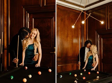 Watch this couple as they pose for the shoot clad in black with the pool table. Pool Table Couple Photoshoot, Engagement Photos Pool Table, Pool Table Engagement Photos, Pool Table Photoshoot, Pool Wedding, Michigan Wedding Photographer, Anniversary Photos, Pool Table, Michigan Wedding