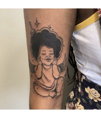 Afro Cherub Tattoo, Angel With Afro Tattoo, Black Cherub Tattoo, Afro Angel Tattoo, Traditional Cherub Tattoo Black, Cherub On A Cloud Tattoo, Fine Line Cherub, Afro Angel, Unique Cherub Tattoo