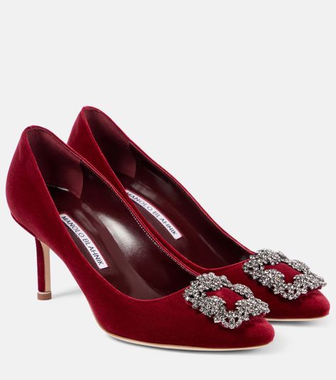 Hangisi 70 embellished velvet pumps in burgundy - Manolo Blahnik | Mytheresa Manolo Blahnik Red, Manolo Blahnik Maysale, Pumps Outfit, Burgundy Pumps, Manolo Blahnik Pumps, Manolo Blahnik Hangisi, Manolo Blahnik Heels, Velvet Pumps, Cruise Wedding