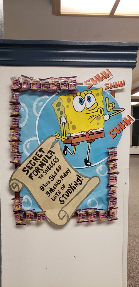 Spongebob Campaign Poster, Spongebob Dorm Theme, Good Noodle Board Spongebob, Spongebob Bulletin Board Ideas, Ra Bulletin Boards Spongebob, Spongebob Ra Board, Spongebob Door Decorations, Spongebob Themed Classroom, Spongebob Door Decs