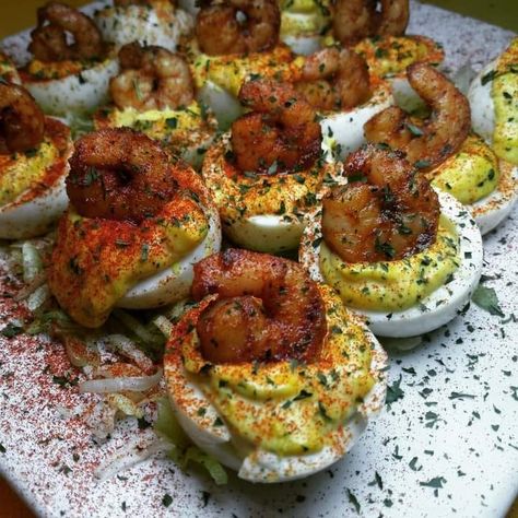 🔥 Soul Food Recipes 😋 The Original | Creole Shrimp Deviled Eggs Deviled Eggs With Shrimp, Shrimp Breakfast, Soul Food Catering, Shrimp Deviled Eggs, Creole Shrimp, Southern Deviled Eggs, Creole Food, Soul Food Recipes, Lunch Meals