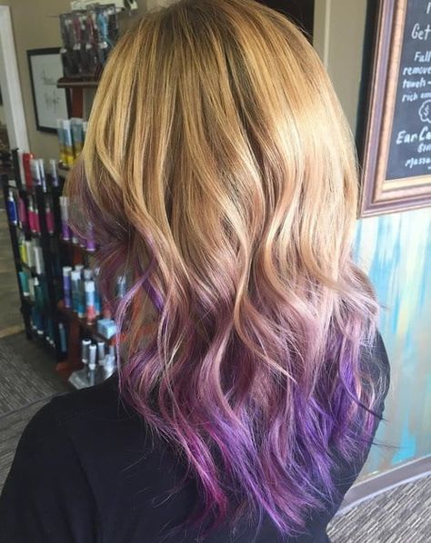 Blonde And Purple Hair, Blonde Hair With Purple Tips, Blonde And Purple, Lavender Hair Ombre, Purple Blonde Hair, Purple Hair Color Ombre, Violet Hair Colors, Purple Ombre Hair, Purple Tips