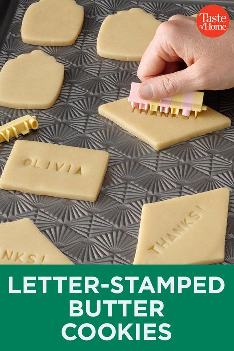 Letter-Stamped Butter Cookies Cookie Letter Stamp, How To Stamp Cookies, Custom Cookie Stamp, Decorating Stamped Cookies, Stamped Biscuits, Butter Cookies Packaging, Stamped Fondant Cookies, Button Cookies, Biscuits Packaging