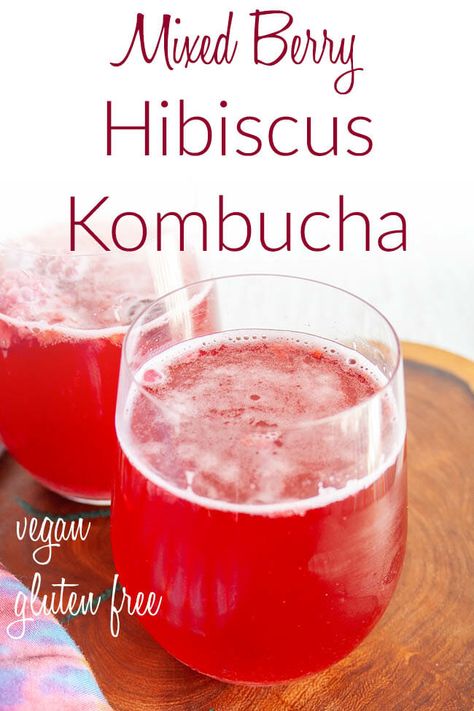 This flavored Mixed Berry Hibiscus Kombucha is a fun treat for summer. Made with fresh or frozen berries. (vegan, gluten free) Very Berry Hibiscus Refresher Recipe, Strawberry Kombucha Recipe, Hibiscus Kombucha, Hibiscus Infused Water, Second Fermentation Kombucha Flavors, Homemade Kombucha, Vegan Lunch Recipes, Smoothie Drink Recipes, Vegan Gluten Free Recipes