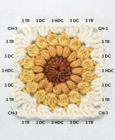 Granny Square Flowers Patterns, Sarah Maker, Sunflower Granny Square Pattern, Crochet Sunburst, Sunflower Granny Square, Granny Square Häkelanleitung, Motifs Granny Square, Sunburst Granny Square, Crochet Dreams