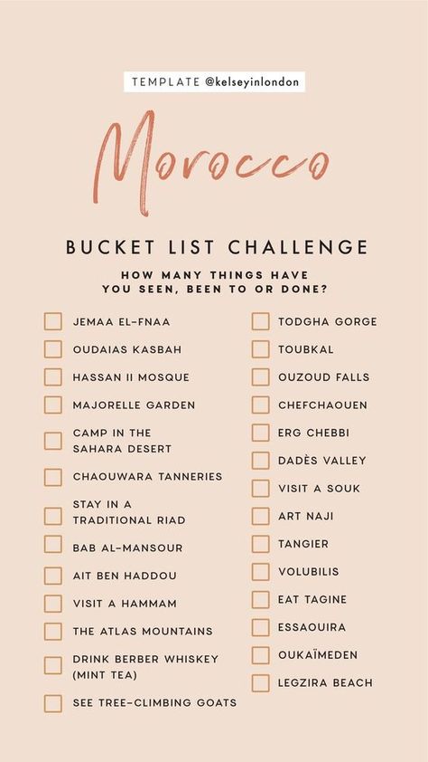 Morocco Bucket List Challenge Template Kelseyinlondon, Aesthetic Sunflower, List Challenges, Travel Destinations Bucket Lists, Morocco Travel, Story Templates, Travel Checklist, Bucket List Destinations, Travel List