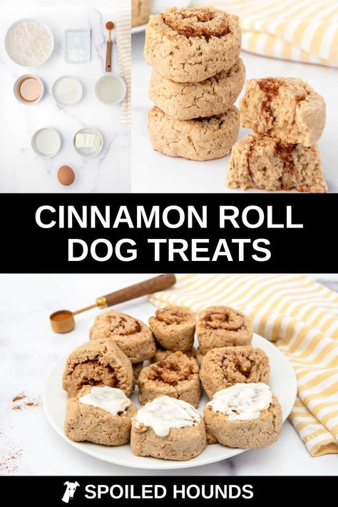 Cinnamon Roll Dog Treats are a tasty snack for your furry friend. Get the easy recipe and find out how to make the best cinnamon roll treats for dogs with or without cream cheese frosting. These homemade dog treats are less expensive than store-bought and have simple ingredients. DIY cinnamon bun dog treats made with oat flour are great for your pup! Dog Cinnamon Rolls, Unique Dog Treat Recipes, Sourdough Dog Treats Homemade, Fun Dog Treats, Homemade Dog Treats Baked, Shelf Stable Dog Treat Recipe, Sourdough Dog Treats, Dog Snacks Homemade, Dog Treat Frosting