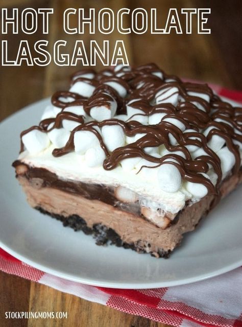 Hot Chocolate Lasagna Hot Chocolate Dessert Recipes, Hot Chocolate Lasagna, Hot Chocolate Dessert, Hot Chocolate Desserts, Chocolate Lasagna Recipe, Bake Dinner, Easy Fruit Salad, Icebox Desserts, Chocolate Lasagna