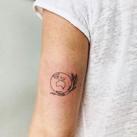 Hand-poked, minimalist style world tattoo on the left arm Floral Watercolor Tattoo, Small Watercolor Tattoo, Tricep Tattoos, Globe Tattoos, Melbourne Tattoo, African Tattoo, Hamsa Tattoo, Vegan Tattoo, Special Tattoos