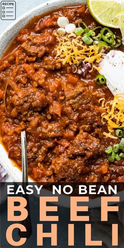 Texas No Bean Chili is hearty and jam packed with tender meat, veggies and bold flavor! It's so easy to prepare and can be made with beef, turkey or pork! Beef Chili No Beans Recipe, Homemade Chili Without Beans, Ground Beef Chili Recipe No Beans, Homemade Chili Recipe No Beans, Texas No Bean Chili Recipe, Best No Bean Chili, Chilli Recipe No Beans, Texas No Bean Chili, No Bean Chili Recipes