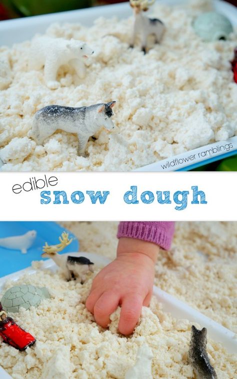 Edible Snow Dough - Wildflower Ramblings New Edible Snow, Sensory Snow, Moon Dough, Snow Dough, Snowman Building, Winter Sensory Bin, Snow Recipe, Sensory Dough, Winter Play