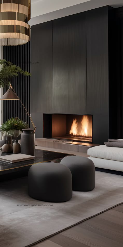 Dark And Neutral Living Room, Dark Fireplaces, Dark Sofas, Mountain Fireplace, Modern Bedroom Interior Design Ideas, Gym Christmas, Wall Art Decor Bedroom, Dark Living Rooms, Rustic Home Design