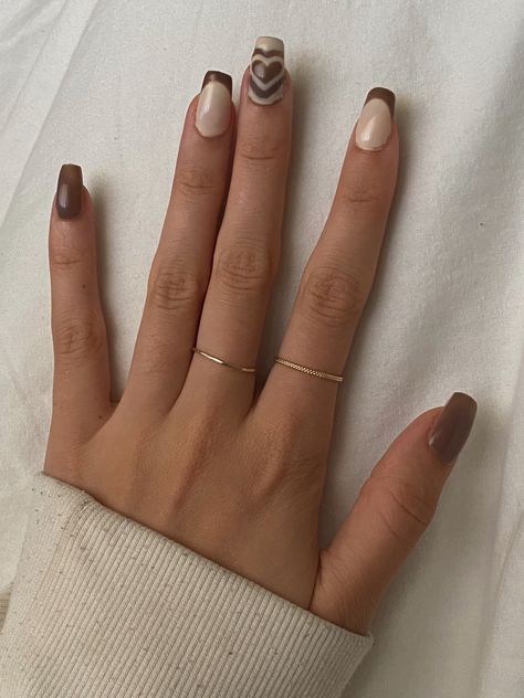 #nailart #nails #fallinspo #fall #fallfashion #trends #brownnails #thanksgiving #inspiration #heart #brown Brown Nails With Heart Design, Brown And White Heart Nails, Brown Hearts Nails, Light Brown Nails With Hearts, Brown Nails Acrylic Checkered, Nail Inspiration Fall, Brown Heart Nails, Fake Nails For Kids, Brown Nail Art