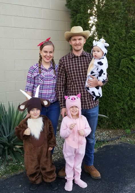 We made these farmer and farm animal costumes from last minute thrift store finds! Pig, cow, and goat. Farmer Woman Costume, Farm Animal Costumes For Kids, Farmer And Animals Halloween Costume, Farm Animal Group Costumes, Farm Costumes For Adults, Farmer Outfit Women Costume, Farm Animal Family Costumes, Old Macdonald Costume, Womens Farmer Costume