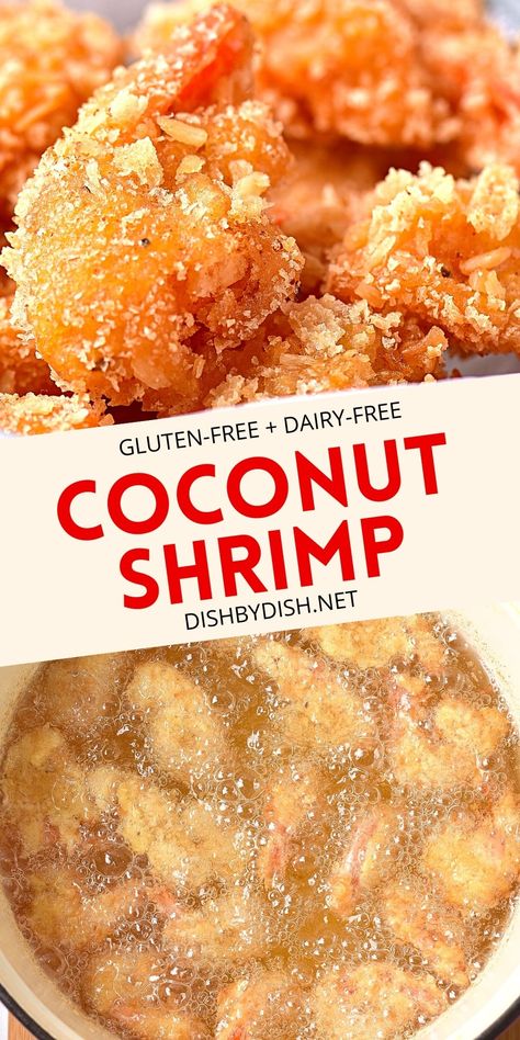 Crispy on the outside, juicy inside, this gluten-free coconut shrimp recipe is tasty, flavorful and perfect as an appetizer, savory snack, or side! Totally dairy-free too. Serve it with your favorite dipping sauce Coconut Shrimp Dinner Sides, Gluten And Dairy Free Shrimp Recipes, Gluten Dairy Free Shrimp Recipe, Gluten Free Popcorn Shrimp, Gf Coconut Shrimp, Gluten Free Coconut Shrimp, Coconut Shrimp Recipe, Gluten Free Panko, Coconut Shrimp Recipes