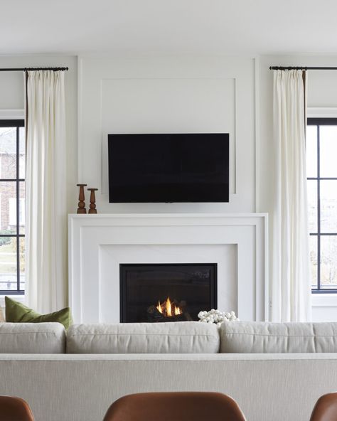 LIVABLE MODERN – Design Theory Transitional Fireplace Surround Ideas, Couch Off Wall Living Rooms, Fireplace Makeover Organic Modern, Fireplaces With Wood Surround, Mantel Molding Ideas, Fireplace On Sloped Ceiling, Bold Neutral Living Room, Hide Soundbar On Mantle, Nyc Apartment Renovation