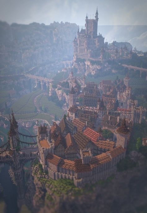 Medieval Kingdom Minecraft, Minecraft Fantasy City Ideas, Cliff Castle Minecraft, Fantasy City Minecraft, Minecraft Fantasy Kingdom, Minecraft Medieval City Ideas, Minecraft City Buildings Medieval, Minecraft Viking Castle, Kingdom Layout Minecraft